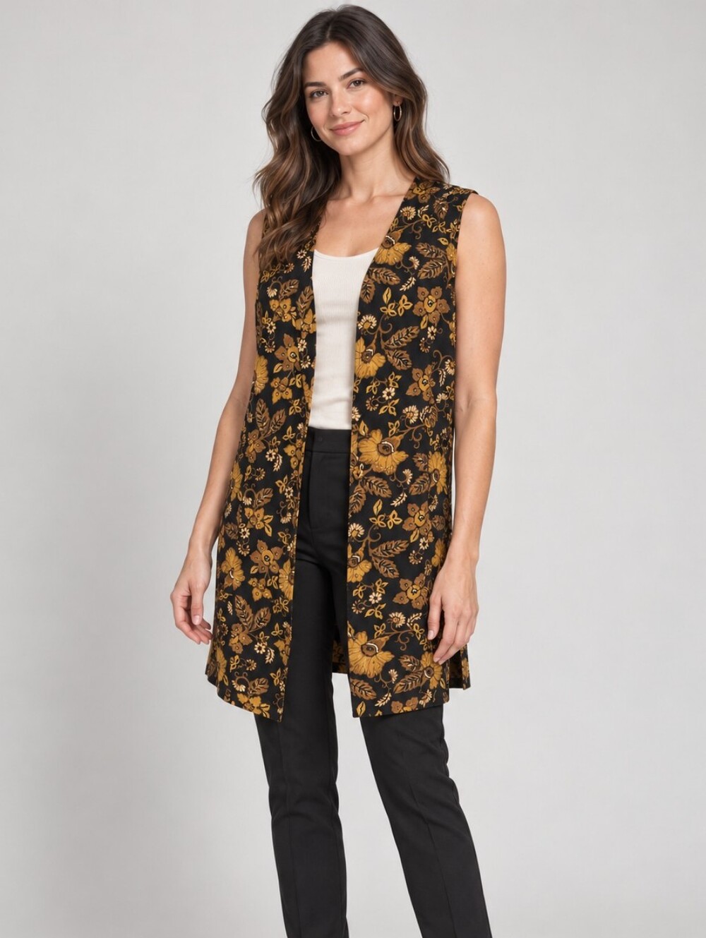 Vintage Lizwear Beaded Floral Longline Vest Black Gold Size 10